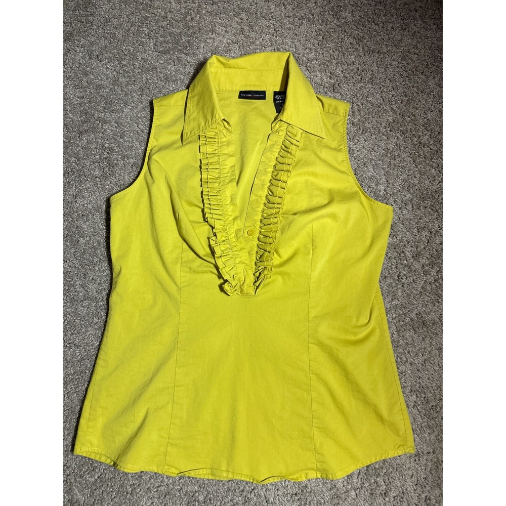 New York & Company Lime Yellow Ruffle V-Neck Sleeveless Stretch Blouse Small